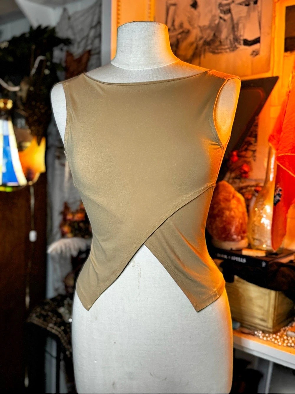 Commense Asymmetric Hem Boat Neck Sleeveless Top, Brown